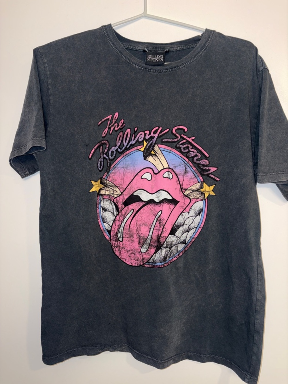 The Rolling Stones Black Tee with Pink & Light Blue Tongue Graphic